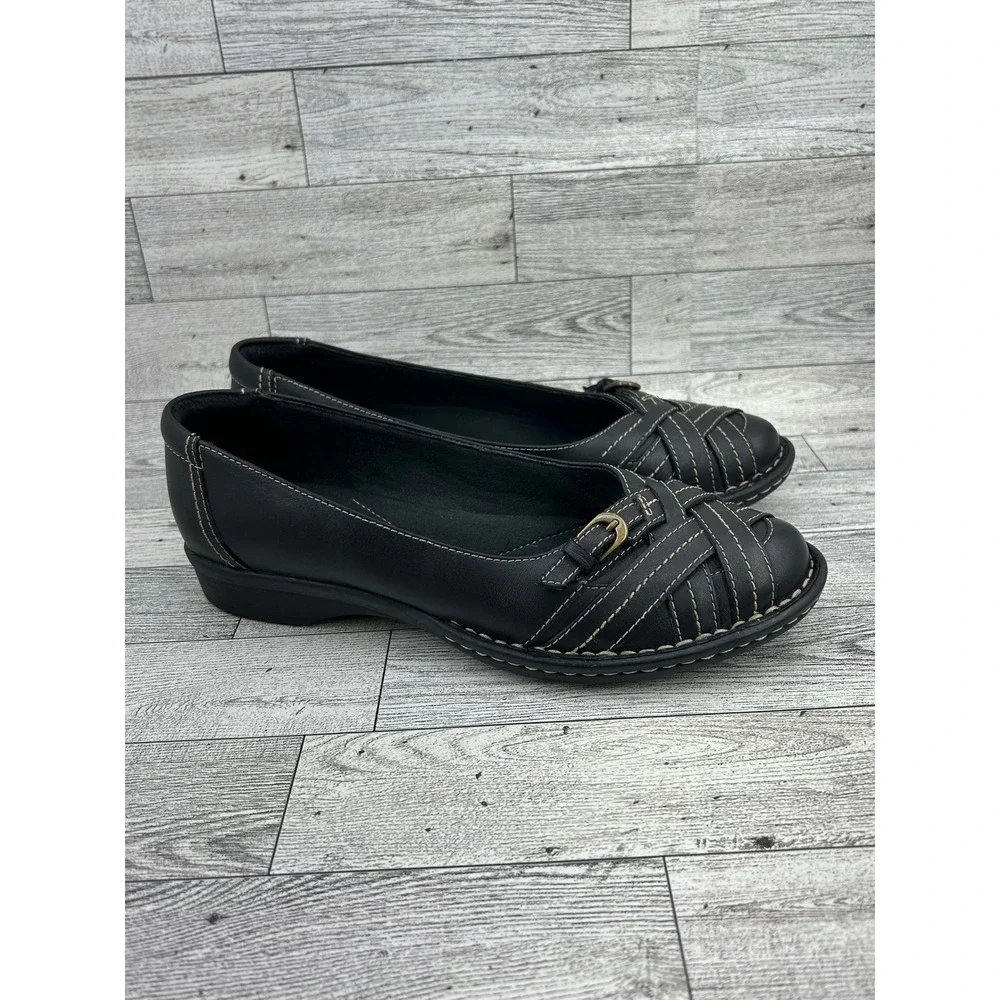 Clarks Bendables Black Leather Woven Buckle Loafers Shoes‎ 65085 Women 7M